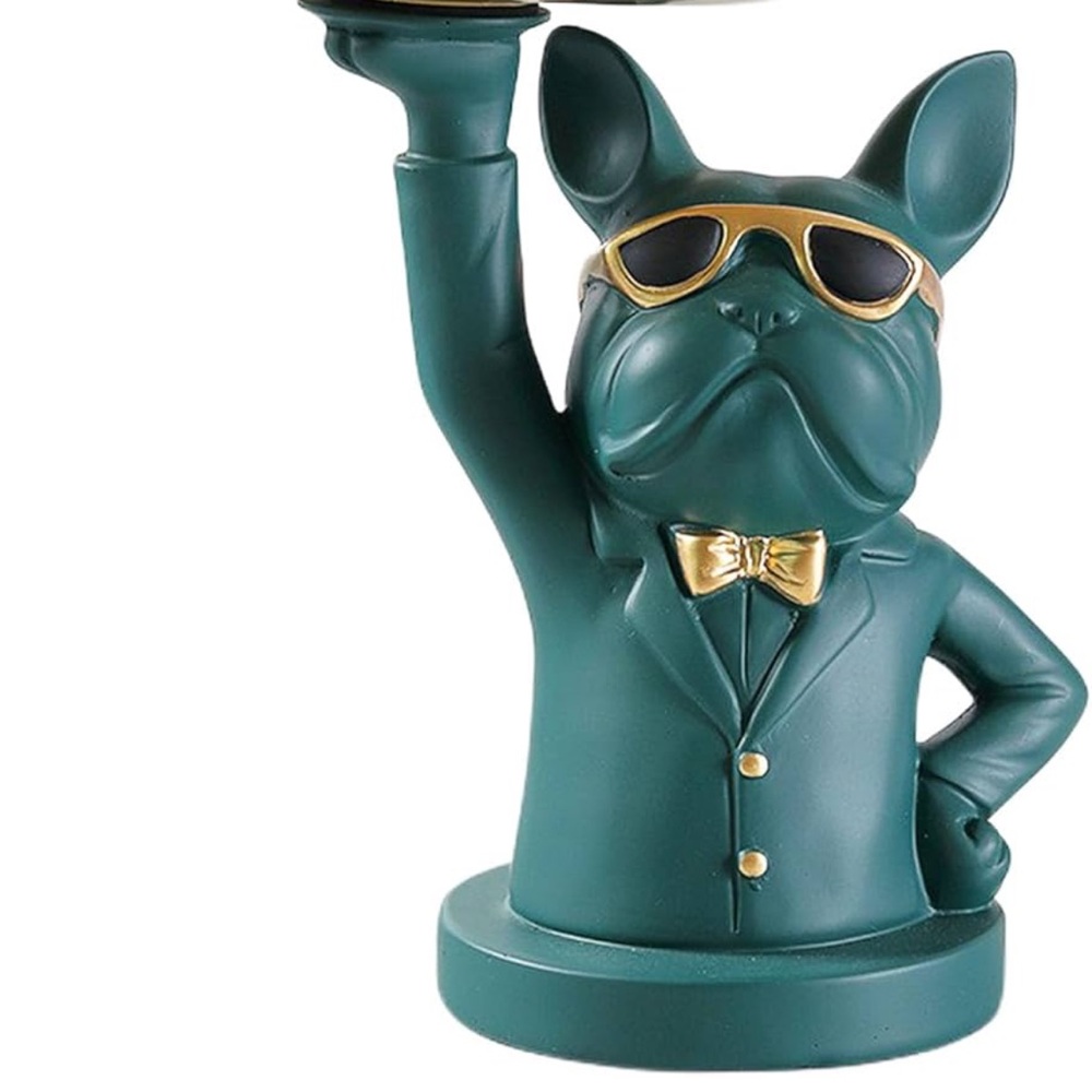 NWOT Multi-use Teal Bulldog Statue, ceramic Dog Butler plate holder dining decor